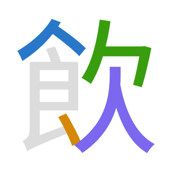 Cangjie decomposition of 飲: 人戈弓人 (OINO)