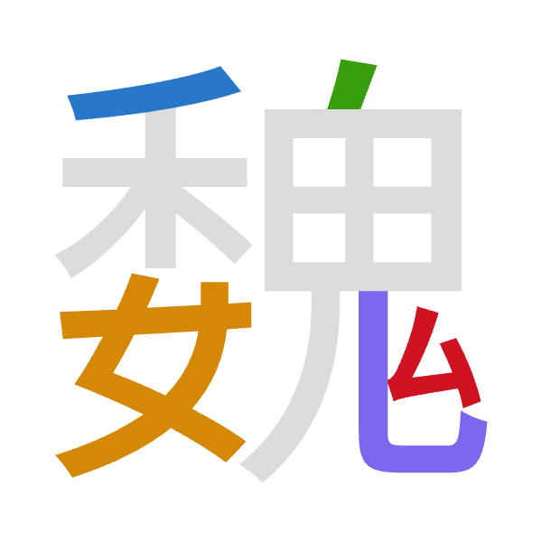 「魏」倉頡拆碼：竹女竹山戈（HVHUI）